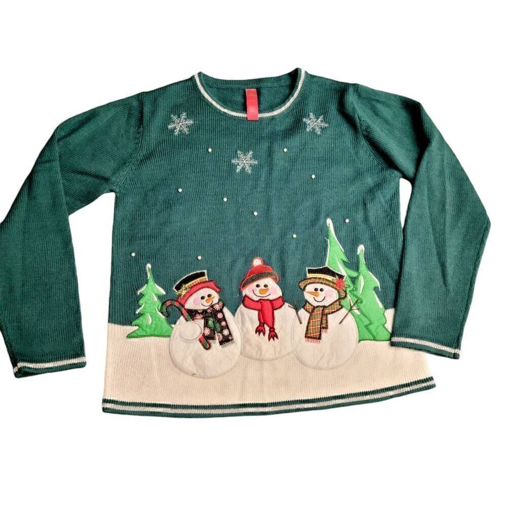 Ugly Holiday Sweater with Three Friendly Snowmen Pearls and Silver Metallic Trim